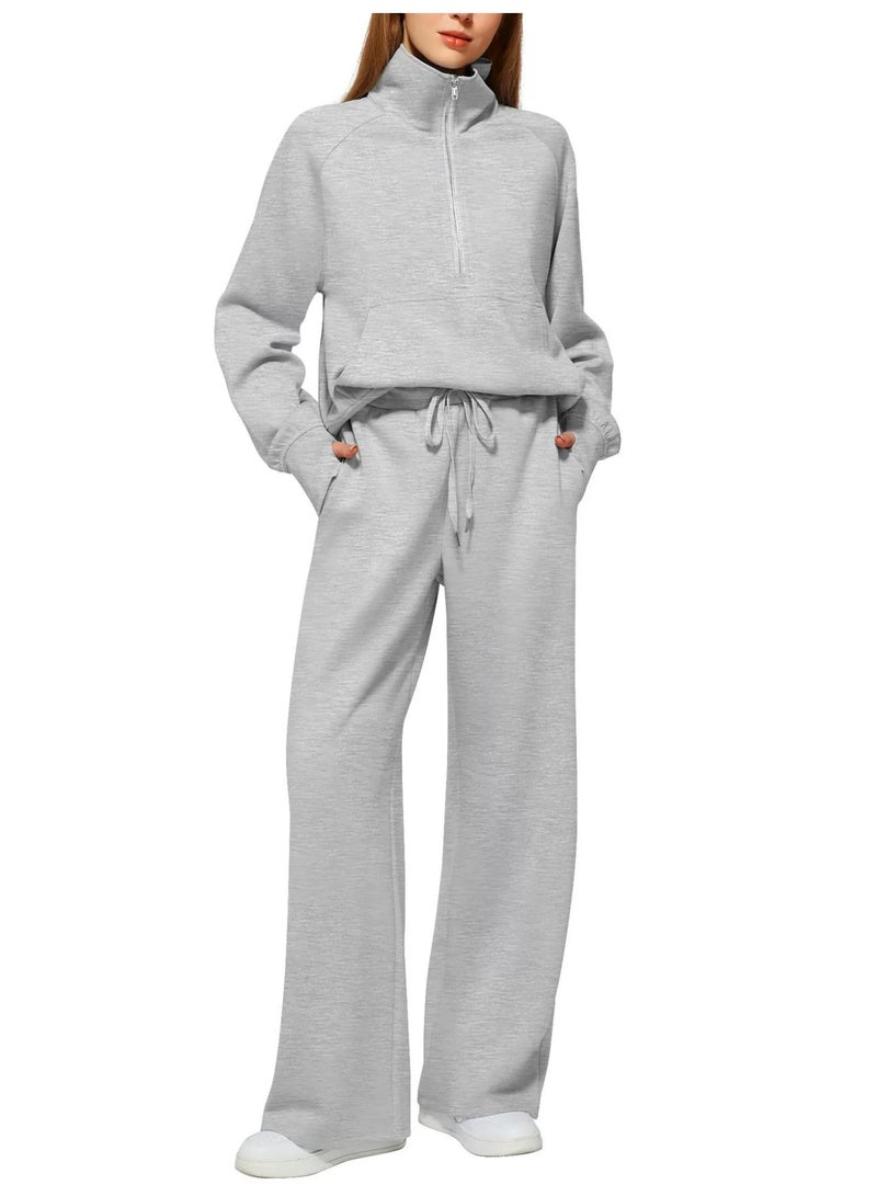 general 2025 - 2026 Women's Two-Piece Ultra-Large Half-Zip Sweatshirt and Wide Leg Sweatpants Casual Set - Image 1