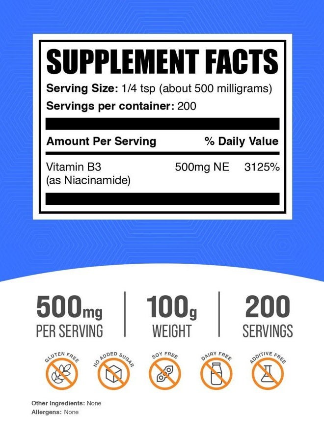 BULKSUPPLEMENTS.COM Niacinamide Powder - Niacinamide Supplement, Vitamin B3 Supplement, Niacinamide 500mg - B3 Vitamins for Skin Health, Pure & Gluten Free - 500mg per Serving, 100g (3.5 oz) - Image 2