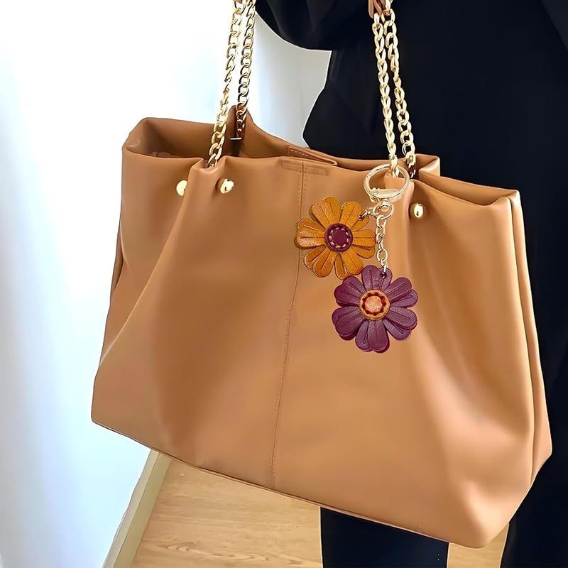 Yzikema Genuine Leather Flower Decorative Keyring Cute Leather Flower Keychains Boho Accessories Key Ring for Women Wallet Bag Purse Pendant Charms - Image 2