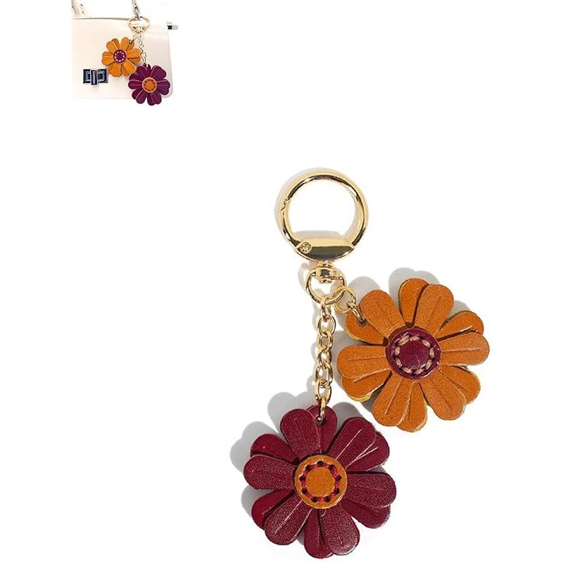 Yzikema Genuine Leather Flower Decorative Keyring Cute Leather Flower Keychains Boho Accessories Key Ring for Women Wallet Bag Purse Pendant Charms - Image 1