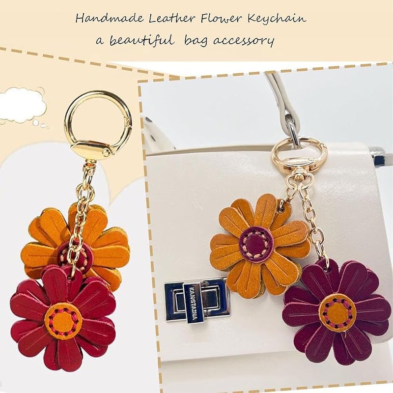 Yzikema Genuine Leather Flower Decorative Keyring Cute Leather Flower Keychains Boho Accessories Key Ring for Women Wallet Bag Purse Pendant Charms - Image 3