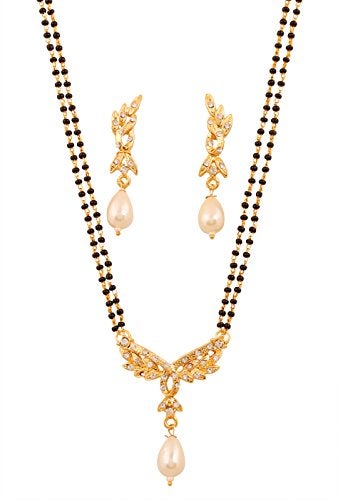 Touchstone Indian Bollywood Style Ethnic White Rhinestones Pretty Black Beads Traditional Designer Jewelry Mangalsutra Set In Gold Tone For Women. - Image 5