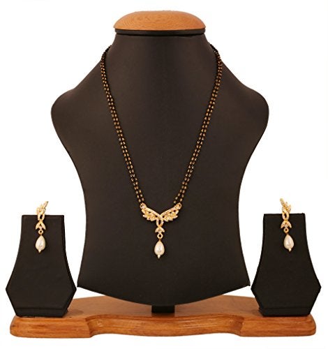 Touchstone Indian Bollywood Style Ethnic White Rhinestones Pretty Black Beads Traditional Designer Jewelry Mangalsutra Set In Gold Tone For Women. - Image 2