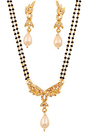 Touchstone Indian Bollywood Style Ethnic White Rhinestones Pretty Black Beads Traditional Designer Jewelry Mangalsutra Set In Gold Tone For Women. - Image 1