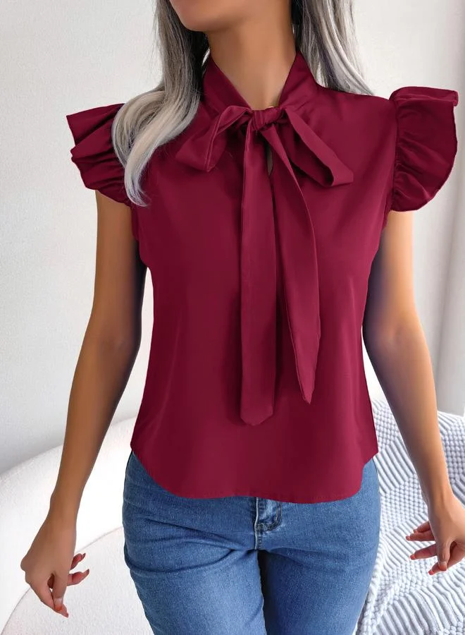 Take Two Burgundy Tie-Neck Ruffle Sleeve Top