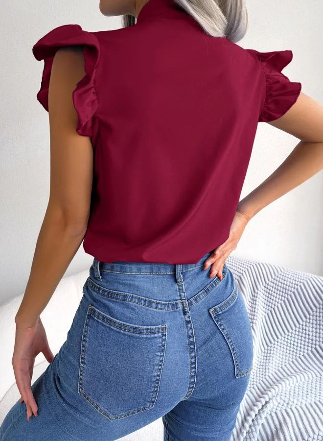 Take Two Burgundy Tie-Neck Ruffle Sleeve Top