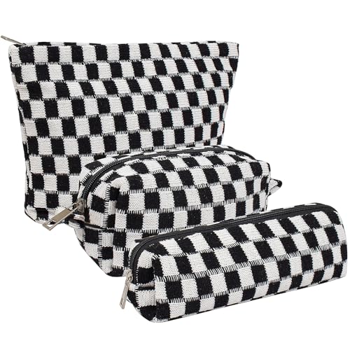 KOTORA 3 Pieces Makeup Bag Large Small Checkered Cosmetic Bag Capacity Canvas Travel Toiletry Bag Organizer Cute Makeup Brushes Aesthetic Accessories Storage Bag for Women Black - Image 1