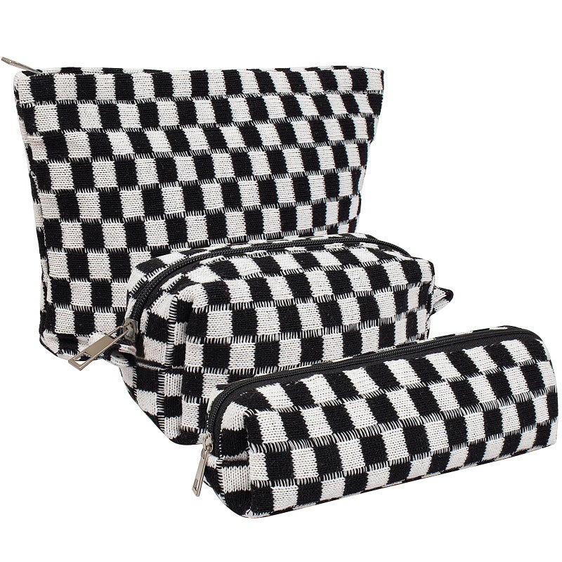 KOTORA 3 Pieces Makeup Bag Large Small Checkered Cosmetic Bag Capacity Canvas Travel Toiletry Bag Organizer Cute Makeup Brushes Aesthetic Accessories Storage Bag for Women Black - Image 2