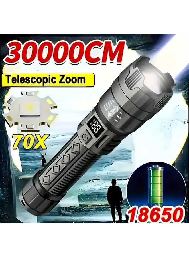 Black LED Tactical Flashlight Digital Display Zoomable USB C Fast Charging 18650 Battery - Image 2