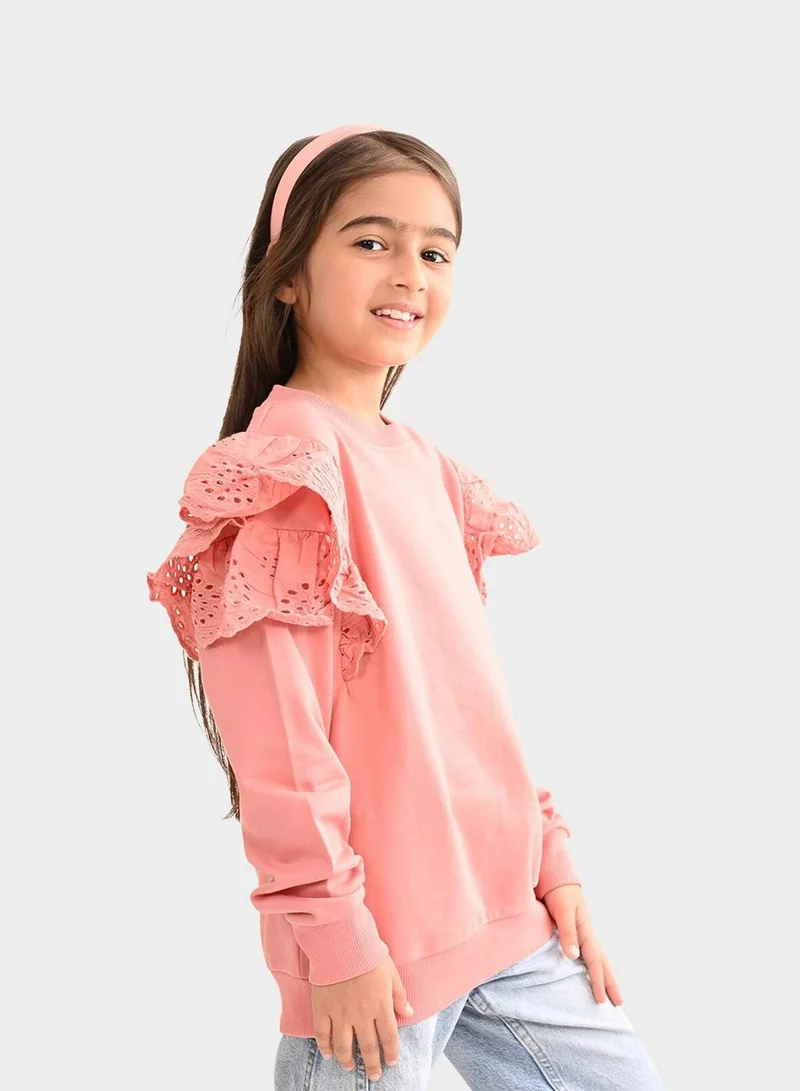 Bonkids Regular Fit Printed Dusty And Pink Cotton Sweatshirt For Girls Round Neck Flat Collar Pull On 100 % Cotton