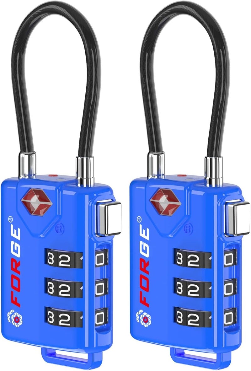 Forge Bright Colors, TSA Approved Cable Luggage Locks 2 Pack Blue, Re-settable Combination with Alloy Body - Image 1