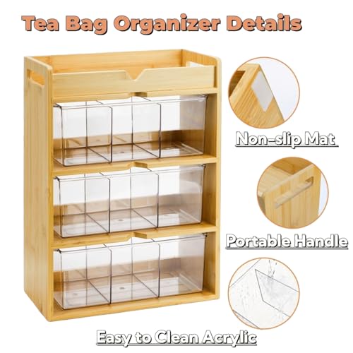 Tlence 4 Tier Bamboo Tea Bag Organizer, Vertical Wooden Tea Storage Box with Acrylic Drawer, Tea Storage Holder and Tea Station for Countertop Kitchen Office, 15.5" x 11" x 5.3" - Image 3