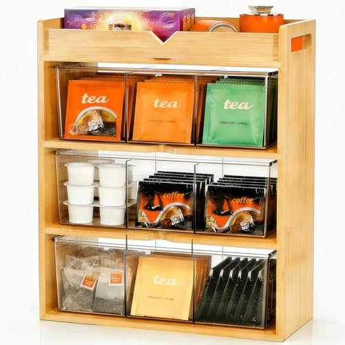 Tlence 4 Tier Bamboo Tea Bag Organizer, Vertical Wooden Tea Storage Box with Acrylic Drawer, Tea Storage Holder and Tea Station for Countertop Kitchen Office, 15.5" x 11" x 5.3" - Image 1