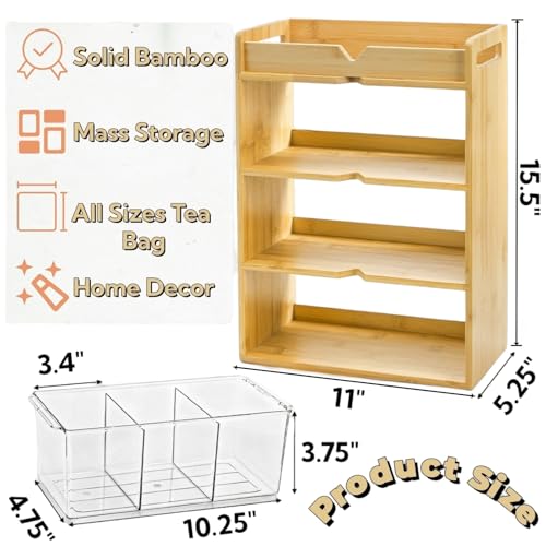 Tlence 4 Tier Bamboo Tea Bag Organizer, Vertical Wooden Tea Storage Box with Acrylic Drawer, Tea Storage Holder and Tea Station for Countertop Kitchen Office, 15.5" x 11" x 5.3" - Image 2