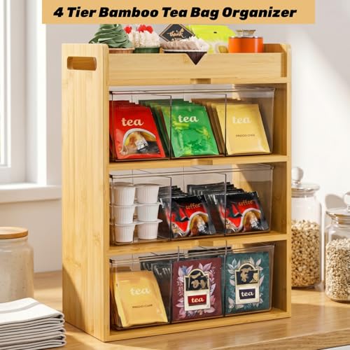 Tlence 4 Tier Bamboo Tea Bag Organizer, Vertical Wooden Tea Storage Box with Acrylic Drawer, Tea Storage Holder and Tea Station for Countertop Kitchen Office, 15.5" x 11" x 5.3" - Image 5