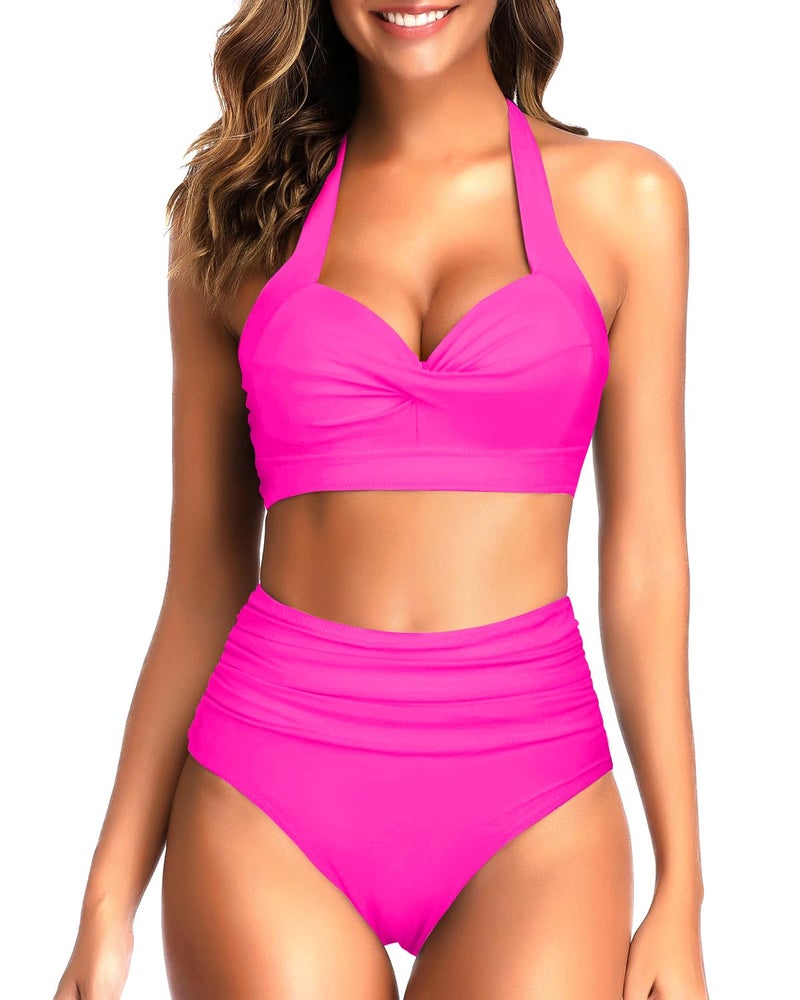 Tempt Me Women's Vintage Swimsuits Hot Pink Retro Halter Ruched High Waist Bikini with Bottom M - Image 1