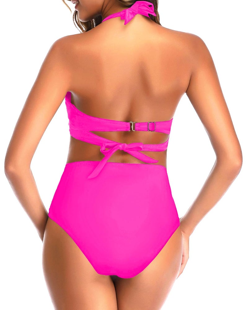Tempt Me Women's Vintage Swimsuits Hot Pink Retro Halter Ruched High Waist Bikini with Bottom M - Image 4