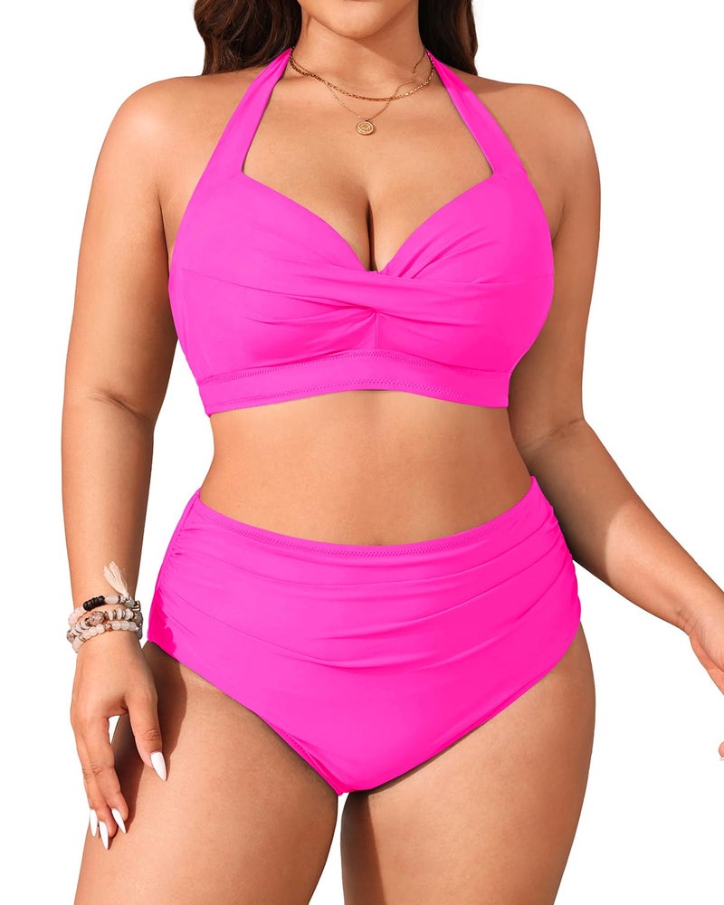 Tempt Me Women's Vintage Swimsuits Hot Pink Retro Halter Ruched High Waist Bikini with Bottom M - Image 5
