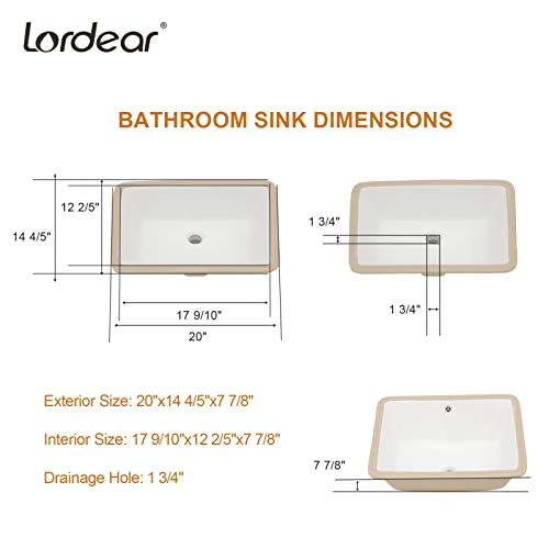 Lordear Undermount Rectangle White Porcelain Ceramic Bathroom Vanity Sink 20x15 Inch with Overflow - Image 3