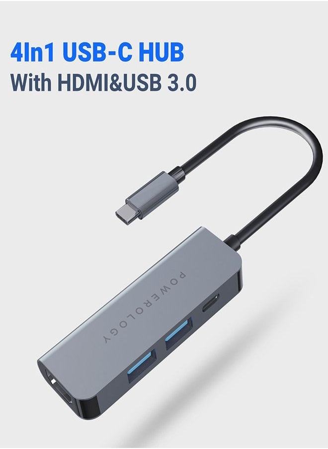 Powerology - USB C Hub  4 in 1 with HDMI, USB 3.0 High Quality Material, Aluminum Body -Gray - Image 1