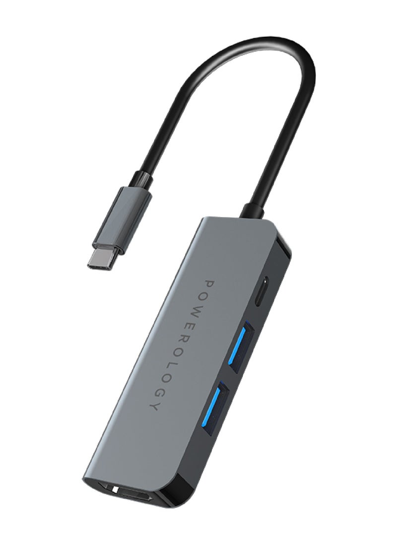 Powerology - USB C Hub  4 in 1 with HDMI, USB 3.0 High Quality Material, Aluminum Body -Gray - Image 1