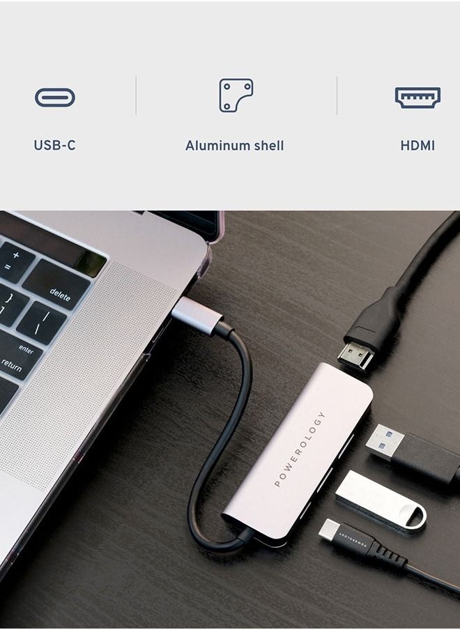 Powerology - USB C Hub  4 in 1 with HDMI, USB 3.0 High Quality Material, Aluminum Body -Gray - Image 1