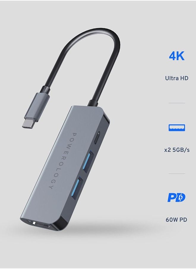 Powerology - USB C Hub  4 in 1 with HDMI, USB 3.0 High Quality Material, Aluminum Body -Gray - Image 1
