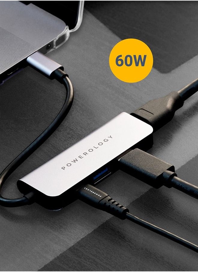 Powerology - USB C Hub  4 in 1 with HDMI, USB 3.0 High Quality Material, Aluminum Body -Gray - Image 1