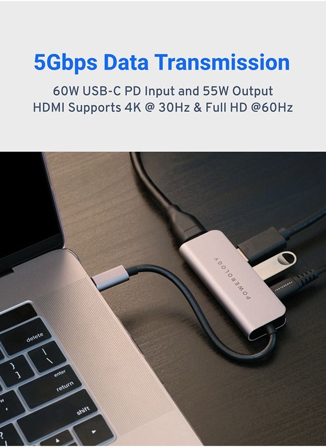 Powerology - USB C Hub  4 in 1 with HDMI, USB 3.0 High Quality Material, Aluminum Body -Gray - Image 1
