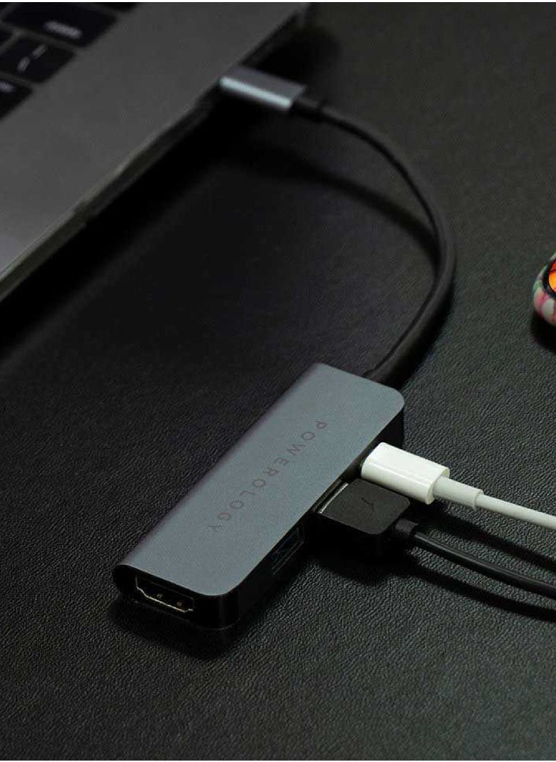Powerology - USB C Hub  4 in 1 with HDMI, USB 3.0 High Quality Material, Aluminum Body -Gray - Image 1