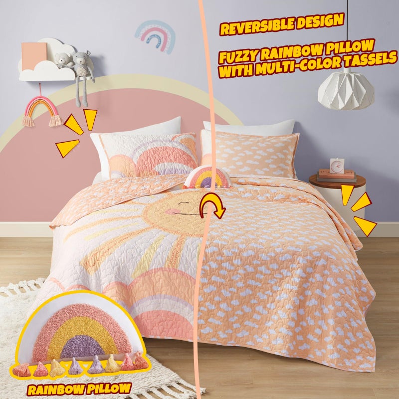 Intelligent Design Kids Queen Bedding Set Cotton Sun Full Size Quilt Sets for Girls Rainbow & Clouds Reversible Queen Coverlet Dawn Light & Breathable Sham Throw Pillow Full/Queen Yellow/Coral 4 Piece - Image 2