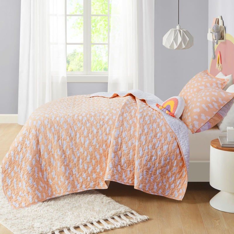 Intelligent Design Kids Queen Bedding Set Cotton Sun Full Size Quilt Sets for Girls Rainbow & Clouds Reversible Queen Coverlet Dawn Light & Breathable Sham Throw Pillow Full/Queen Yellow/Coral 4 Piece - Image 5