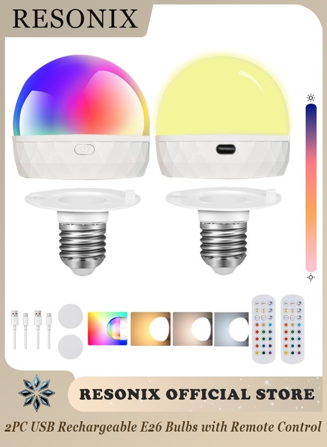 RESONIX 2PCS USB Rechargeable E26 Bulbs – Dimmable LED Light Bulbs with Remote Control, 15 Color Temperatures, Timing Function, Magnetic Detachable for Wall Sconce & Lamp - Image 1