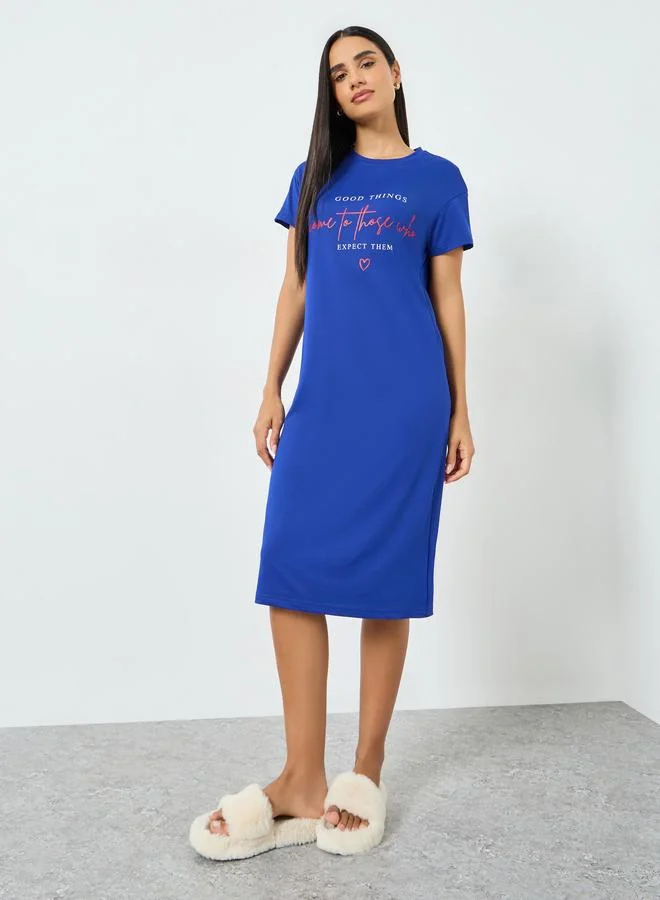 Take Two  Blue Slogan Print Short Sleeve T-Shirt Dress for Women | Best Price UAE