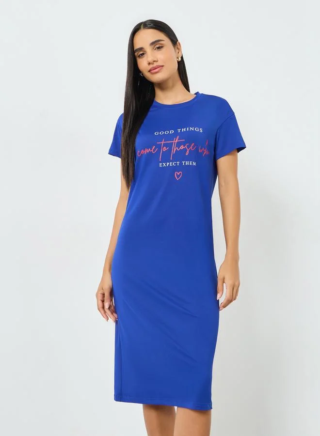 تايك تو Blue Slogan Print Short Sleeve T-Shirt Dress