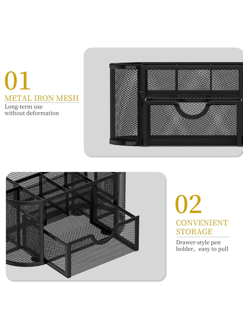 KASTWAVE Mesh Desk Organizer, Desk Organizer Stationery Storage, Pencil Holder for Desk with 9 Compartments and Mini Drawer, Wire Mesh Office Supplies Desk Accessories & Workspace Organizers (Black) - Image 4