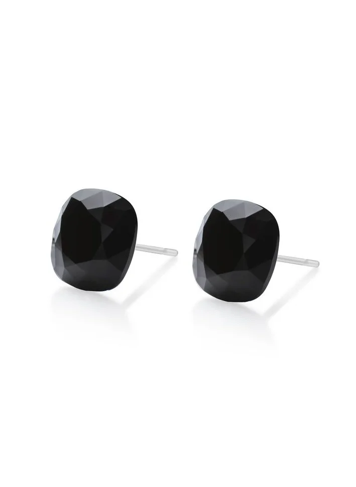 Seona Seona Sophia 10mm Cushion Cut Crystal Earrings – Hypoallergenic Stud Earrings for Women, Tarnish‑Free Stainless Steel Jewelry for Sensitive Ears - Jet Black