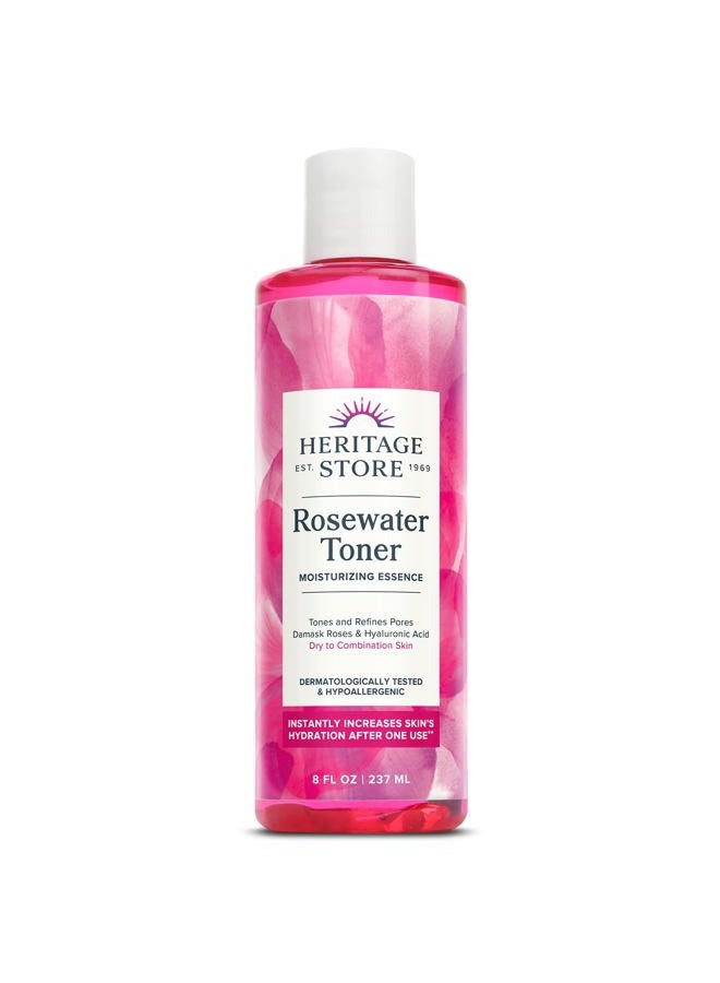 Heritage Store تونر وجه بماء الورد مع حمض الهيالورونيك، للبشرة الجافة إلى المختلطة، تونر مرطب ينقي المسام، يقلل من مظهر الخطوط الدقيقة والتجاعيد، مضاد للحساسية، نباتي، خالي من التجارب على الحيوانات، 8 أونصات - Image 1