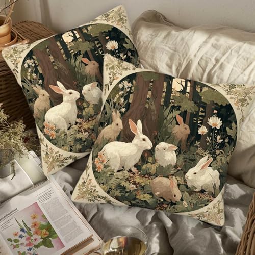 ZibZorp Woodland Rabbits Throw Pillow Covers 18x18 Set of 2 | Rustic Bunny Decorative Cushion Case for Couch, Sofa and Cabin | Vintage Spring Easter Pillowcases Decor for Living Room, Farmhouse - Image 3