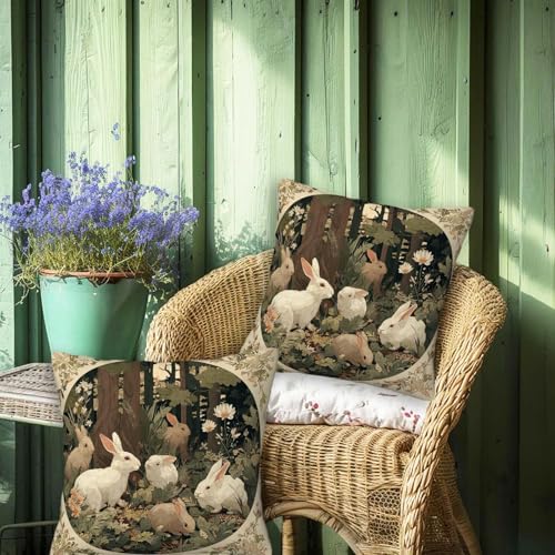 ZibZorp Woodland Rabbits Throw Pillow Covers 18x18 Set of 2 | Rustic Bunny Decorative Cushion Case for Couch, Sofa and Cabin | Vintage Spring Easter Pillowcases Decor for Living Room, Farmhouse - Image 4