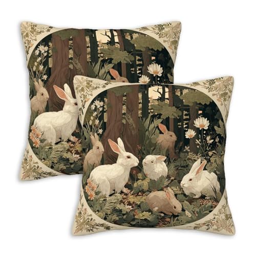 ZibZorp Woodland Rabbits Throw Pillow Covers 18x18 Set of 2 | Rustic Bunny Decorative Cushion Case for Couch, Sofa and Cabin | Vintage Spring Easter Pillowcases Decor for Living Room, Farmhouse - Image 1