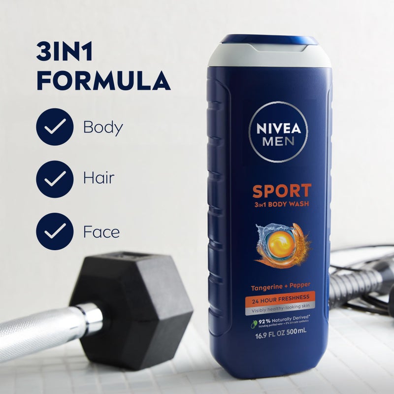NIVEA Men Sport Body Wash with Revitalizing Minerals, Tangerine and Pepper Scent, 3-in-1 Men's Body Wash, Face and Hair, Paraben Free, Vegan Formula, 16.9 Fl Oz Bottle, Pack of 3 - Image 2
