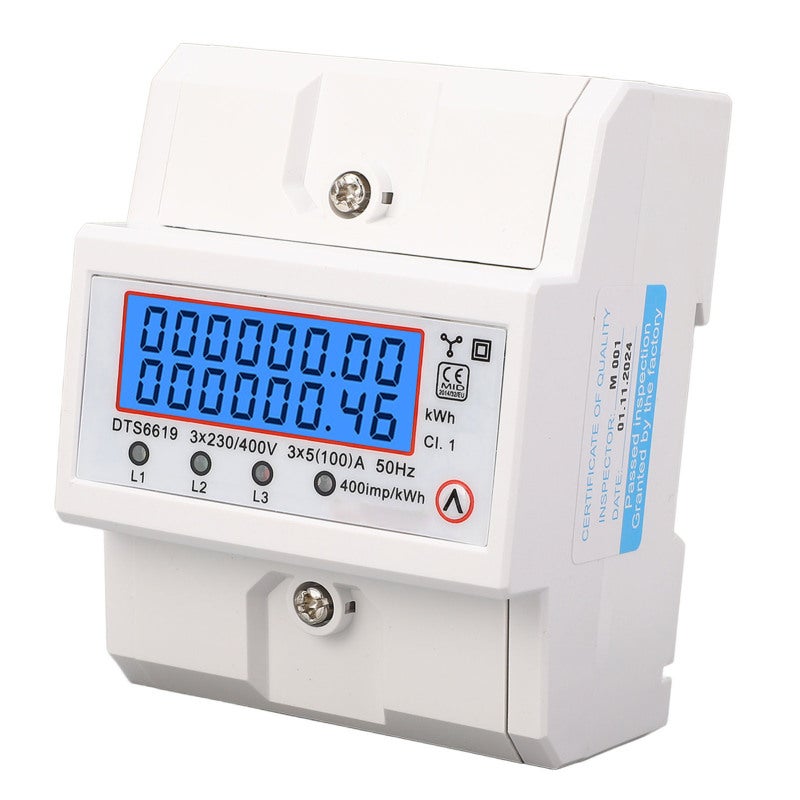 عداد طاقة ثلاثي الطور 3x5(100) أمبير بشاشة LCD مع إضاءة خلفية - تصميم محكم الغلق بالكامل للحماية من التلاعب - تركيب على سكة DIN قياس 35 مم لأنظمة إدارة طاقة الألواح الشمسية - Image 4