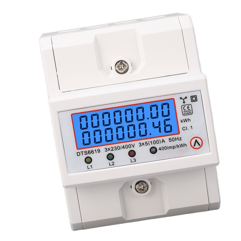 عداد طاقة ثلاثي الطور 3x5(100) أمبير بشاشة LCD مع إضاءة خلفية - تصميم محكم الغلق بالكامل للحماية من التلاعب - تركيب على سكة DIN قياس 35 مم لأنظمة إدارة طاقة الألواح الشمسية - Image 2
