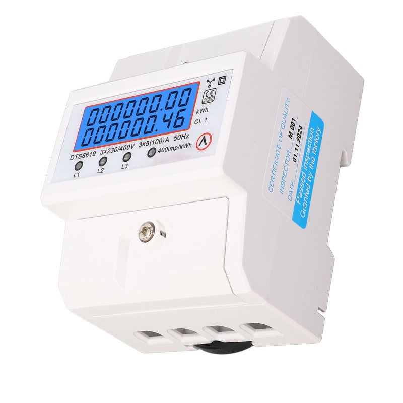 عداد طاقة ثلاثي الطور 3x5(100) أمبير بشاشة LCD مع إضاءة خلفية - تصميم محكم الغلق بالكامل للحماية من التلاعب - تركيب على سكة DIN قياس 35 مم لأنظمة إدارة طاقة الألواح الشمسية - Image 5