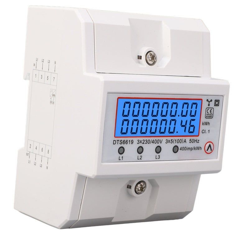 عداد طاقة ثلاثي الطور 3x5(100) أمبير بشاشة LCD مع إضاءة خلفية - تصميم محكم الغلق بالكامل للحماية من التلاعب - تركيب على سكة DIN قياس 35 مم لأنظمة إدارة طاقة الألواح الشمسية - Image 3