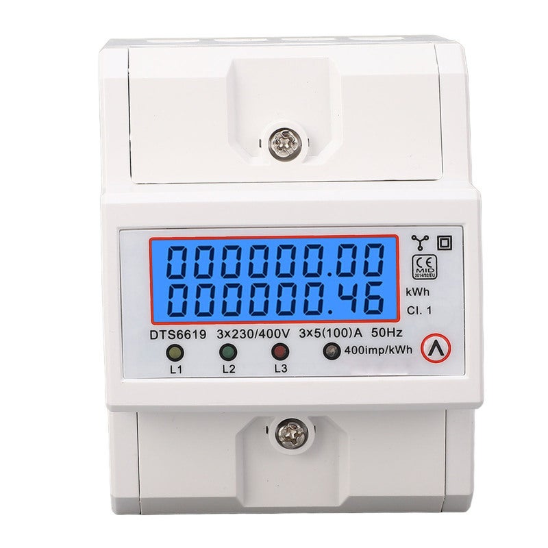 عداد طاقة ثلاثي الطور 3x5(100) أمبير بشاشة LCD مع إضاءة خلفية - تصميم محكم الغلق بالكامل للحماية من التلاعب - تركيب على سكة DIN قياس 35 مم لأنظمة إدارة طاقة الألواح الشمسية - Image 1