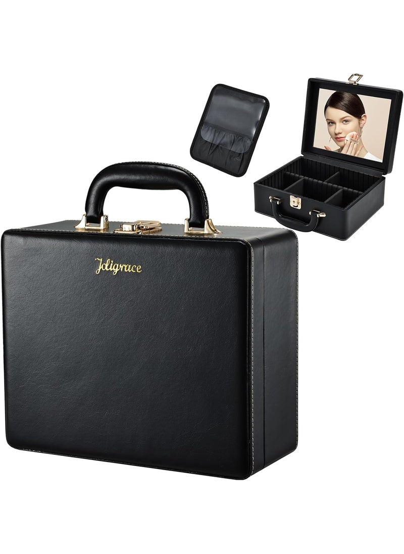 Joligrace - Joligrace Travel Makeup Case, Travel Makeup Organizer Case with Mirror, Makeup Train Case Leather Portable Makeup Box Storage Bag,with Adjustable Dividers & Brush Holder (Black) - Image 1