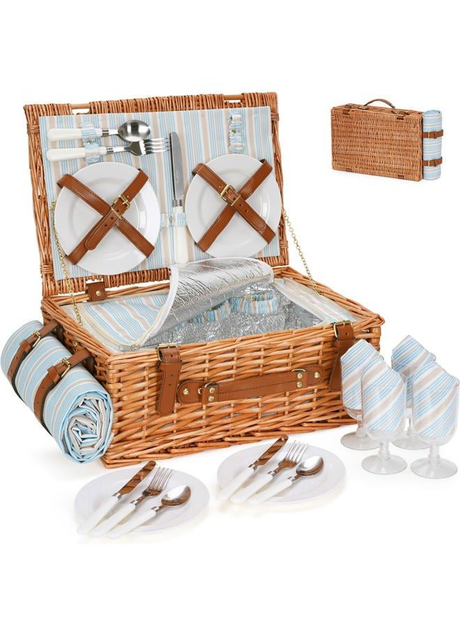 HappyPicnic طقم سلة نزهة من الخوص لـ 4 أشخاص | سلة كبيرة من الصفصاف مع قسم تبريد معزول كبير، بطانية مقاومة للماء مجانية ومجموعة أدوات المائدة - بني كلاسيكي - Image 1