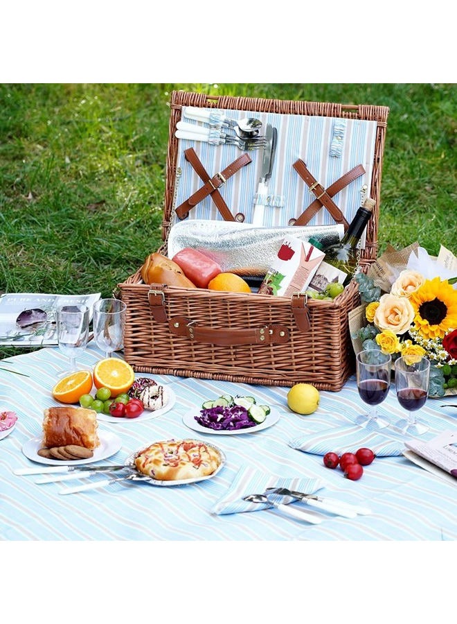 HappyPicnic طقم سلة نزهة من الخوص لـ 4 أشخاص | سلة كبيرة من الصفصاف مع قسم تبريد معزول كبير، بطانية مقاومة للماء مجانية ومجموعة أدوات المائدة - بني كلاسيكي - Image 4